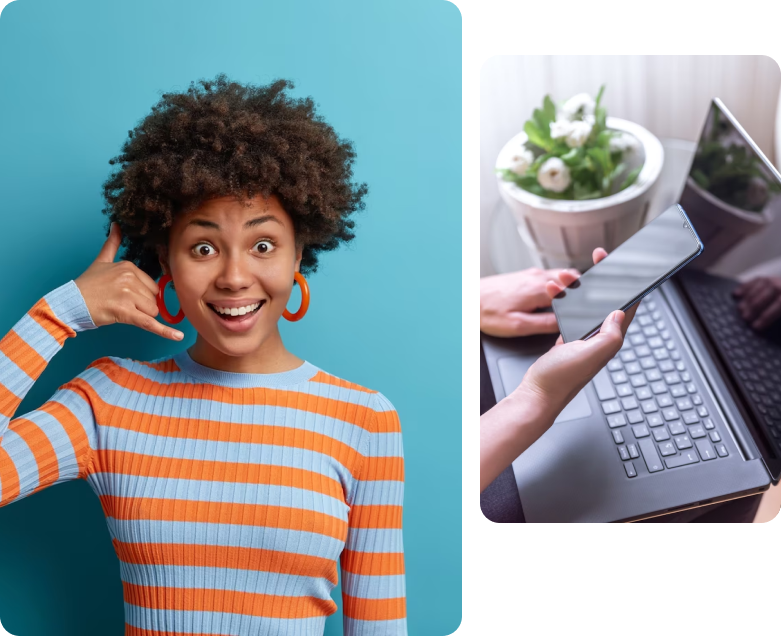 Nesta imagem vemos uma mulher jovem e negra de blusa listrada sorrindo e um computador e telefone indicando para a pessoa usuária entrar em contato com a Odona